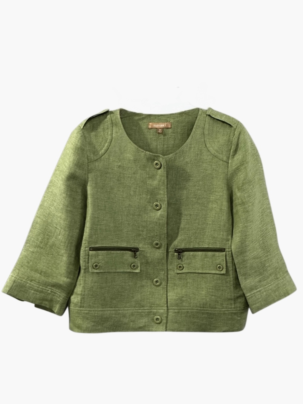 Ellen Tracy Linen Green Cropped Jacket Lined Zip pocket Button Front Utility Med